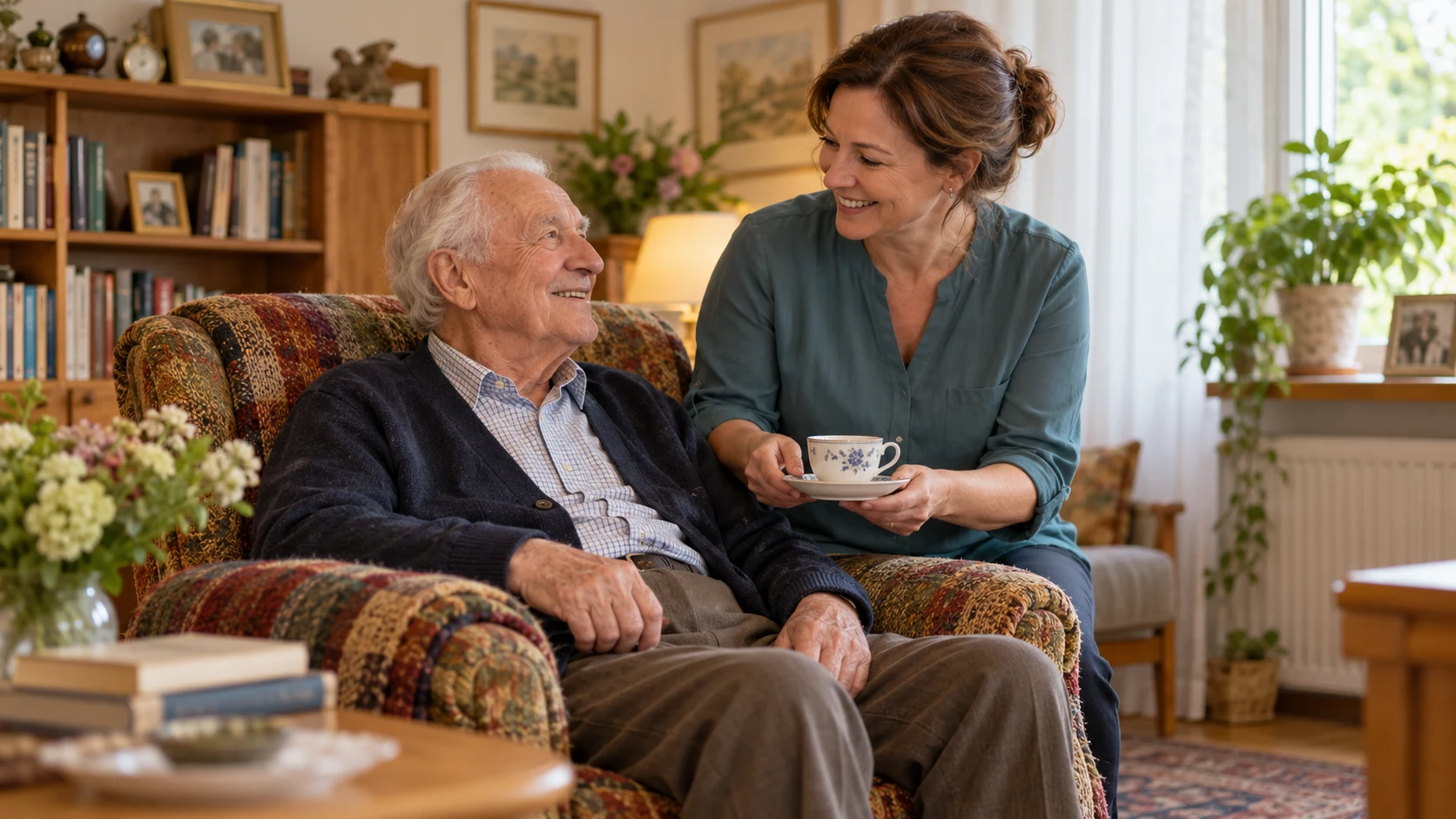Eine Betreuungskraft reicht einem älteren Mann in seinem Wohnzimmer eine Tasse Tee