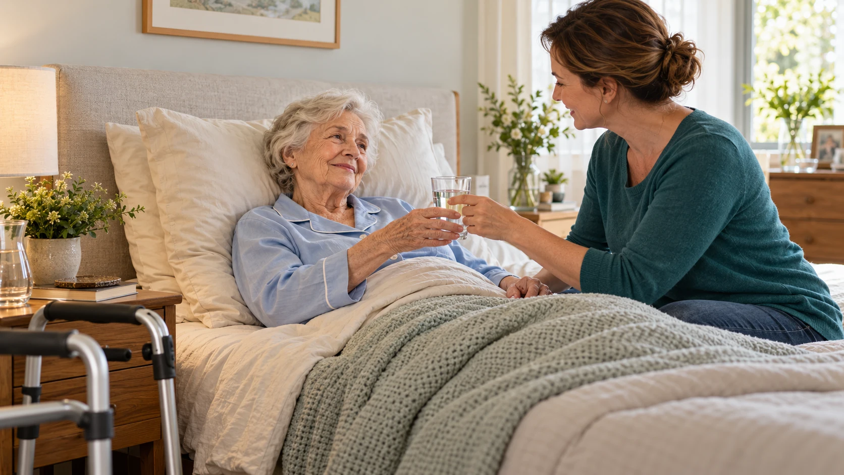 Eine Seniorin erholt sich nach einem Krankenhausaufenthalt im eigenen Bett, begleitet von einer Betreuungskraft