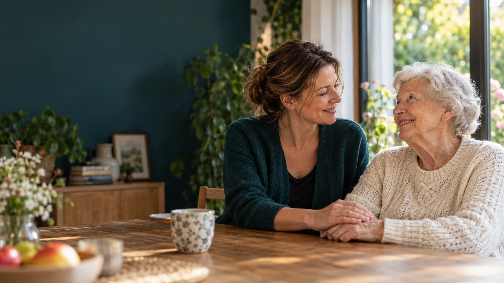 Eine Betreuungskraft hält zu Hause die Hand einer lächelnden Seniorin