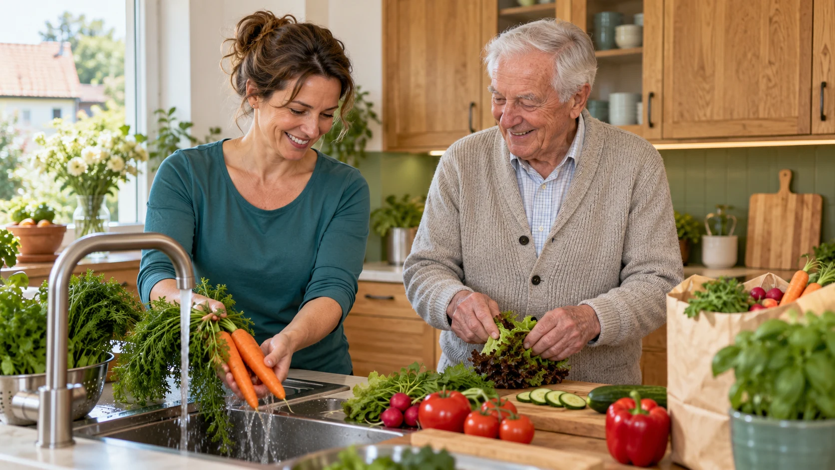 Ein älterer Mann und eine Alltagshilfe bereiten gemeinsam frisches Gemüse zu