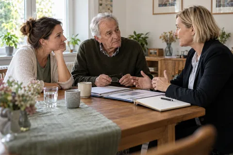 Ein älterer Vater und seine erwachsene Tochter führen zu Hause ein Kennenlerngespräch mit einer Betreuungskoordinatorin.