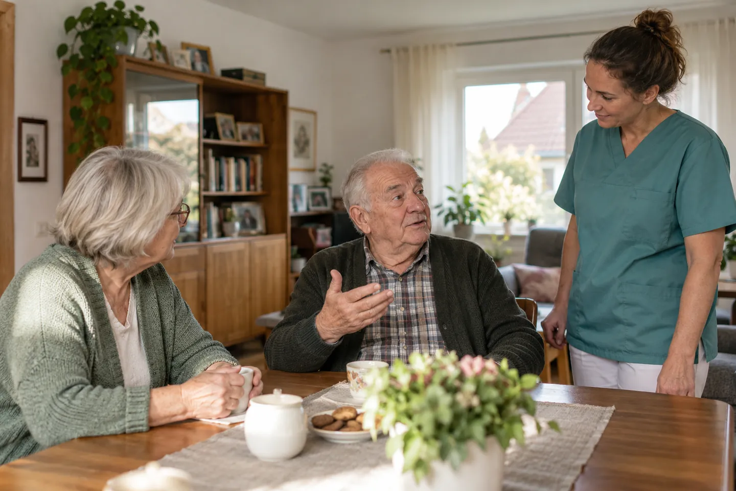 Ein Senior bespricht zu Hause die Unterstützung mit einer Alltagsbegleiterin und einer Pflegefachperson.