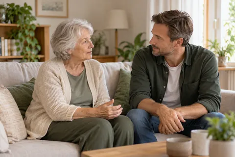 Eine ältere Frau und ihr erwachsener Sohn sprechen aufmerksam und auf Augenhöhe auf einem Sofa.