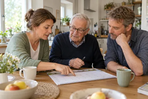 Erwachsene Geschwister planen mit ihrem Vater die Unterstützung anhand eines Wochenkalenders.