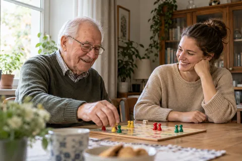 Ein älterer Mann und seine Alltagsbegleiterin spielen gemeinsam ein Brettspiel am Fenster.