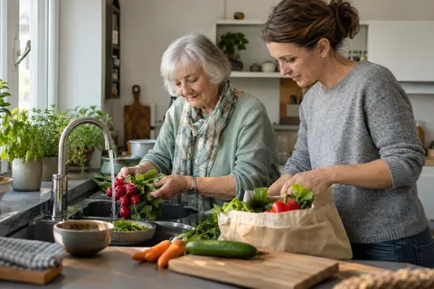 Eine Seniorin und ihre Haushaltshilfe bereiten gemeinsam frisches Gemüse in der Küche vor.