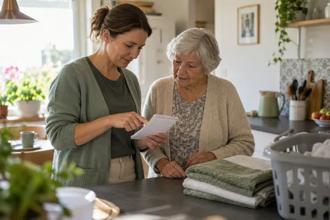 Eine Seniorin und eine Haushaltshilfe besprechen eine Aufgabenliste neben Wäsche und gefalteten Handtüchern.