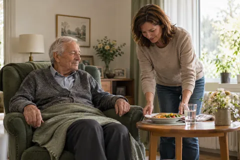 Ein älterer Mann ruht zu Hause im Sessel, während seine Tochter eine leichte Mahlzeit auf den Beistelltisch stellt.
