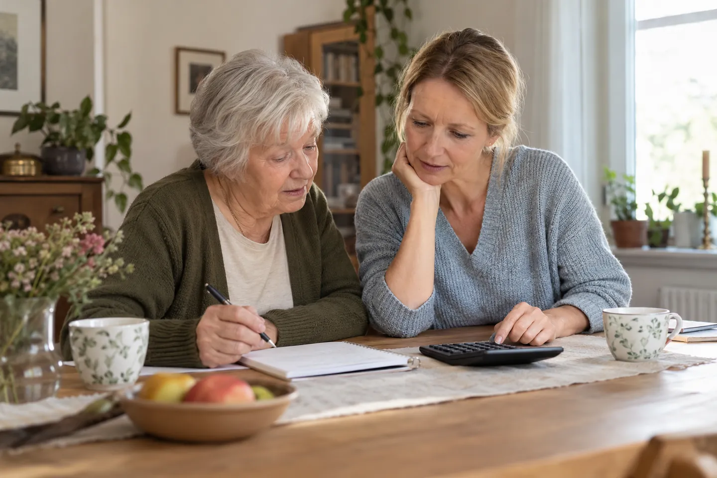 Eine Seniorin und ihre Tochter vergleichen ein Haushaltsbuch und einen Taschenrechner am Esstisch.