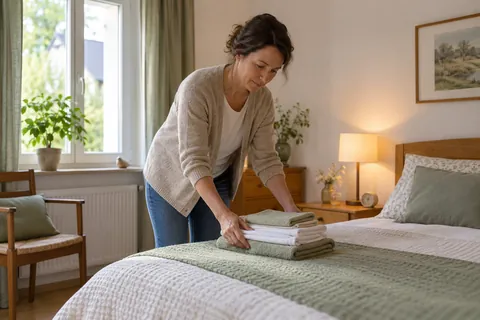 Eine Angehörige legt frische Bettwäsche in einem ruhigen Gästezimmer für eine einziehende Betreuungskraft bereit.