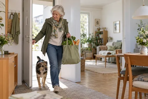 Eine ältere Frau kommt mit einer Einkaufstasche und ihrem Hund in eine helle Wohnung.