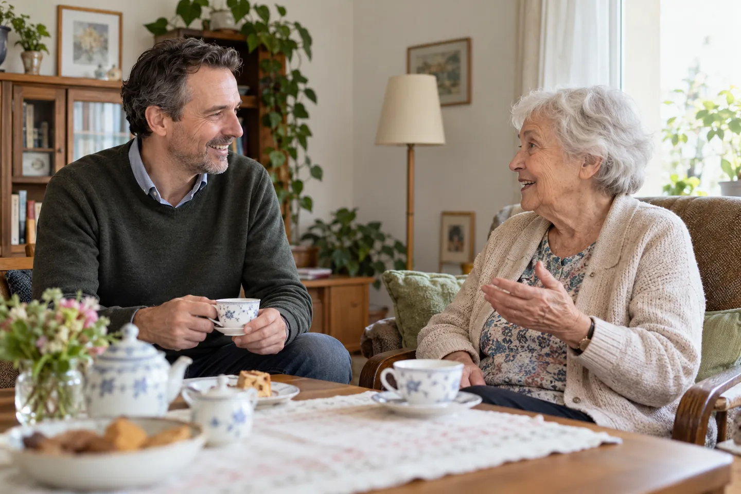 Eine Alltagsbegleiterin spricht während eines vereinbarten Besuchs bei einer Tasse Tee mit einer älteren Frau.