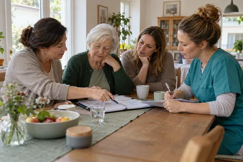 Eine Seniorin, ihre Tochter, eine Alltagsbegleiterin und eine Pflegefachperson stimmen am Tisch die Unterstützung ab.