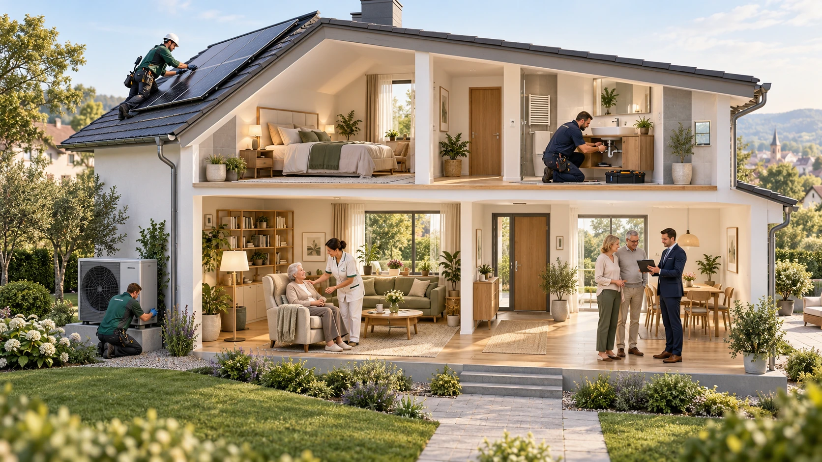 Ein Haus im Querschnitt: Betreuung einer Seniorin, Installation von Photovoltaik und Wärmepumpe, Sanitärarbeiten und persönliche Beratung – vernetzte Unterstützung rund ums Zuhause